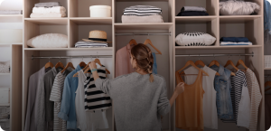 Woman choosing clothes from a neatly organized wardrobe.